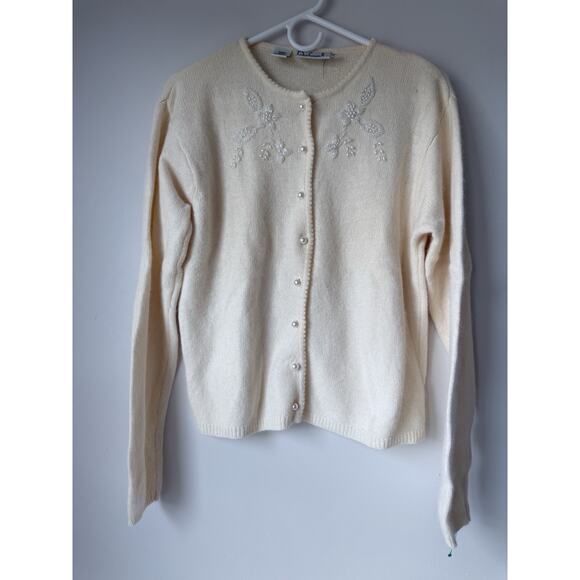 VINTAGE RAFAELLA ANGORA CARDIGAN Cream BEADED COTTAGE Women Size M - Picture 1 of 7